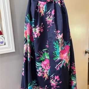 Eliza J Navy A-Line Skirt with Pink Floral Design